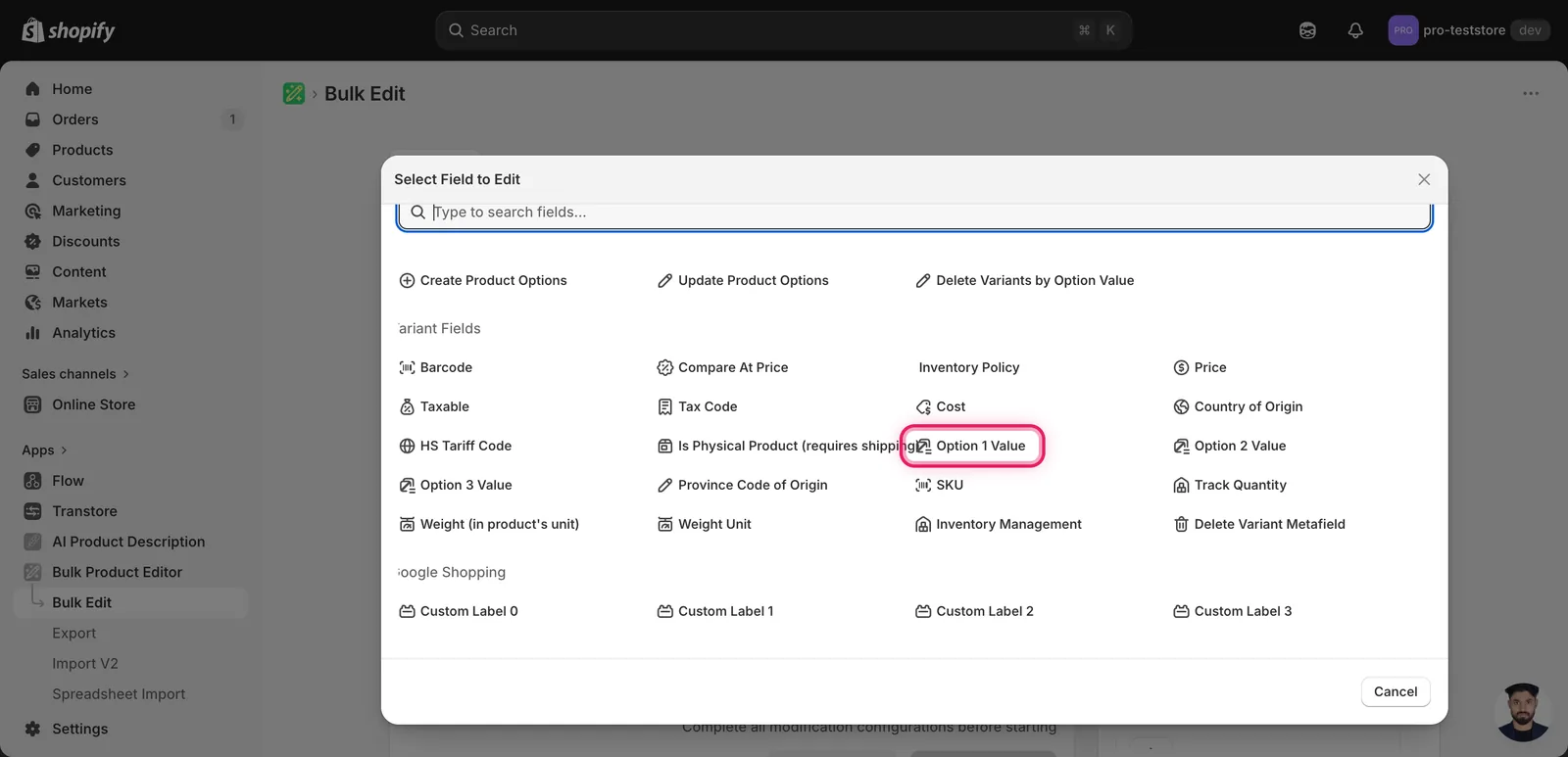 The Select Field modal with Option 1 Value highlighted under Variant Fields
