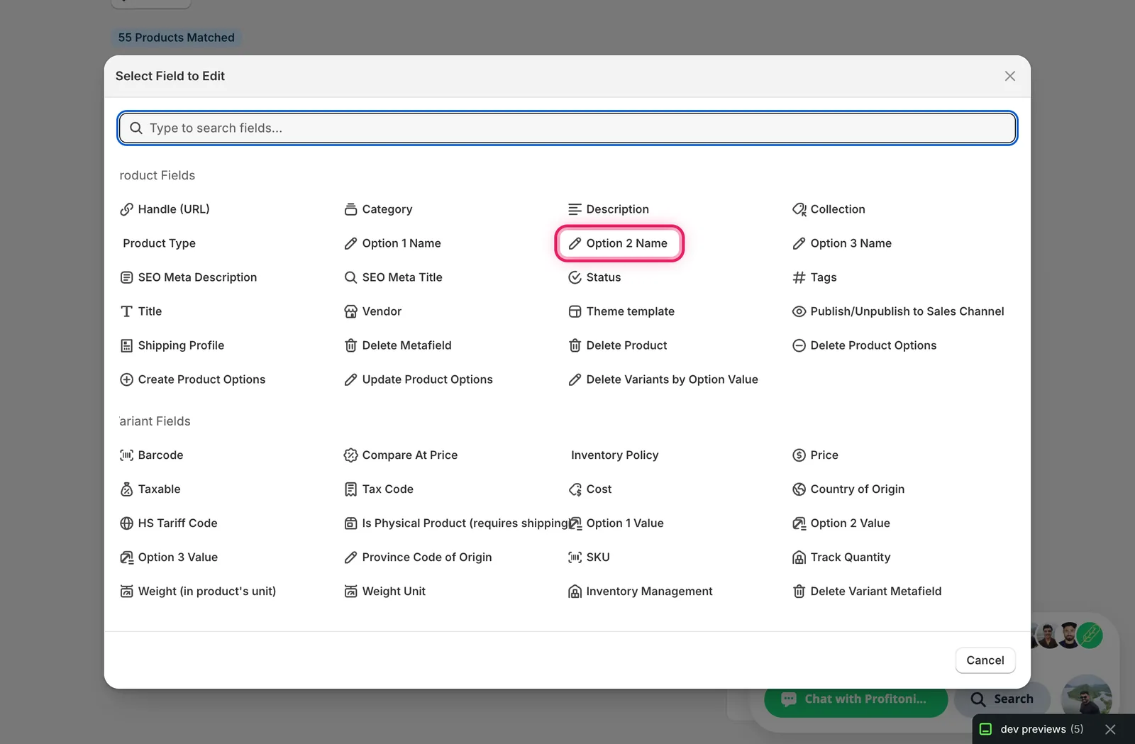 The Select Field modal with Option 2 Name marked under Product Fields