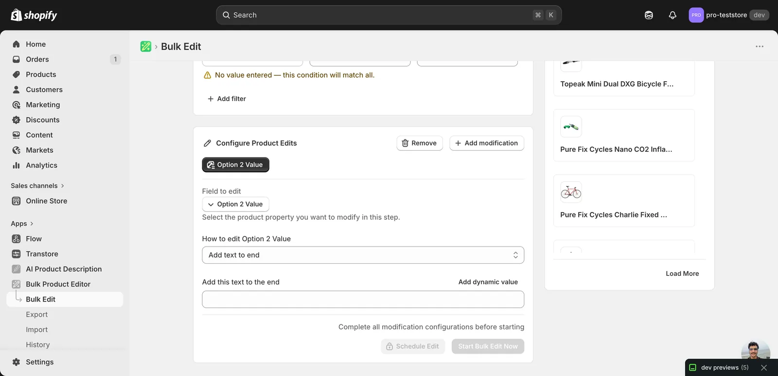 Configuration panel after picking Option 2 Value: Field to edit shows Option 2 Value, How to edit Option 2 Value defaults to Add text to end