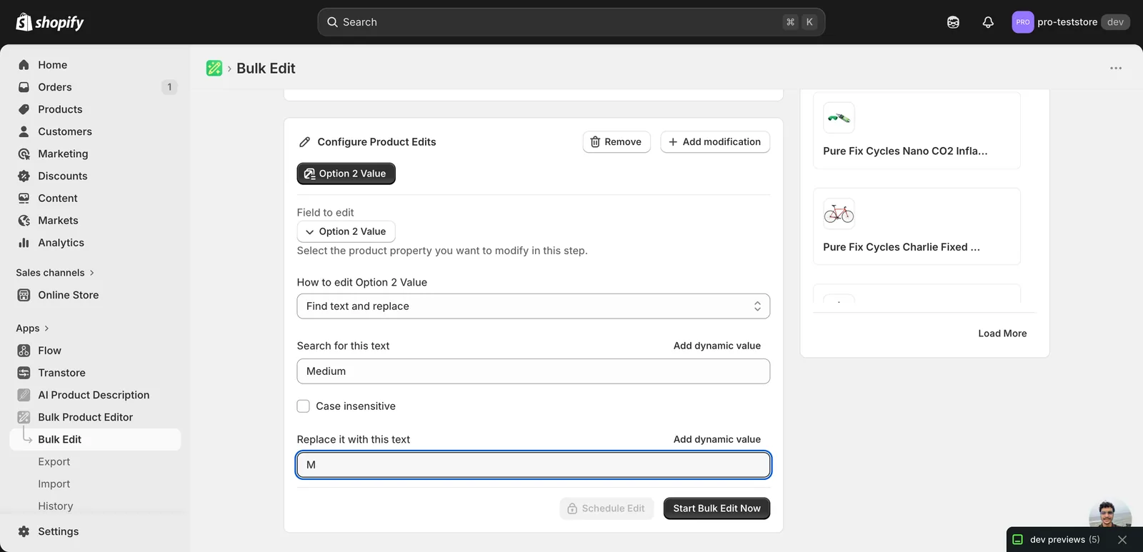 Find text and replace with "Medium" in the search field and "M" in the replace field