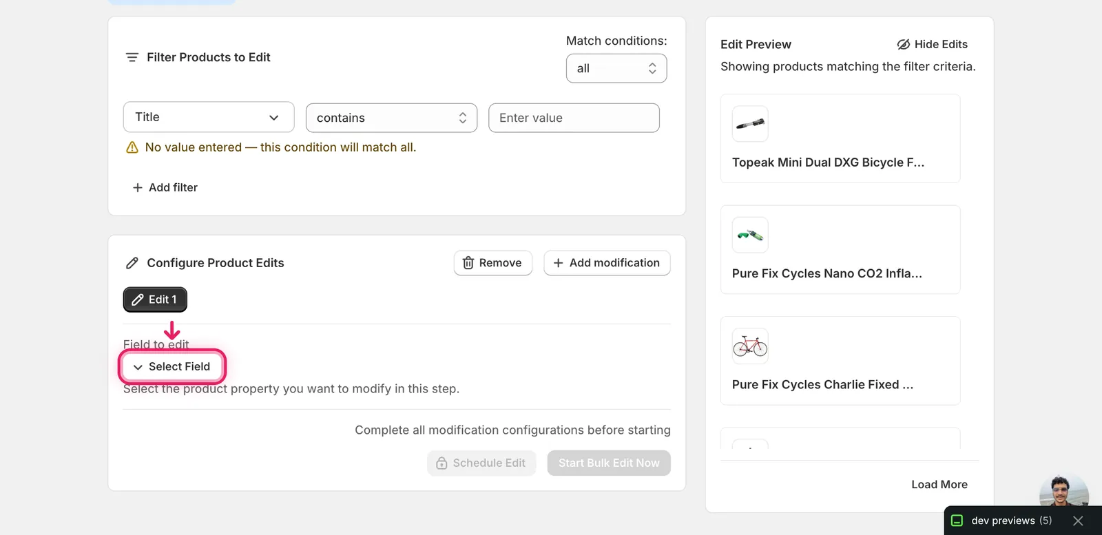 The Configure Product Edits panel with the Select Field button marked