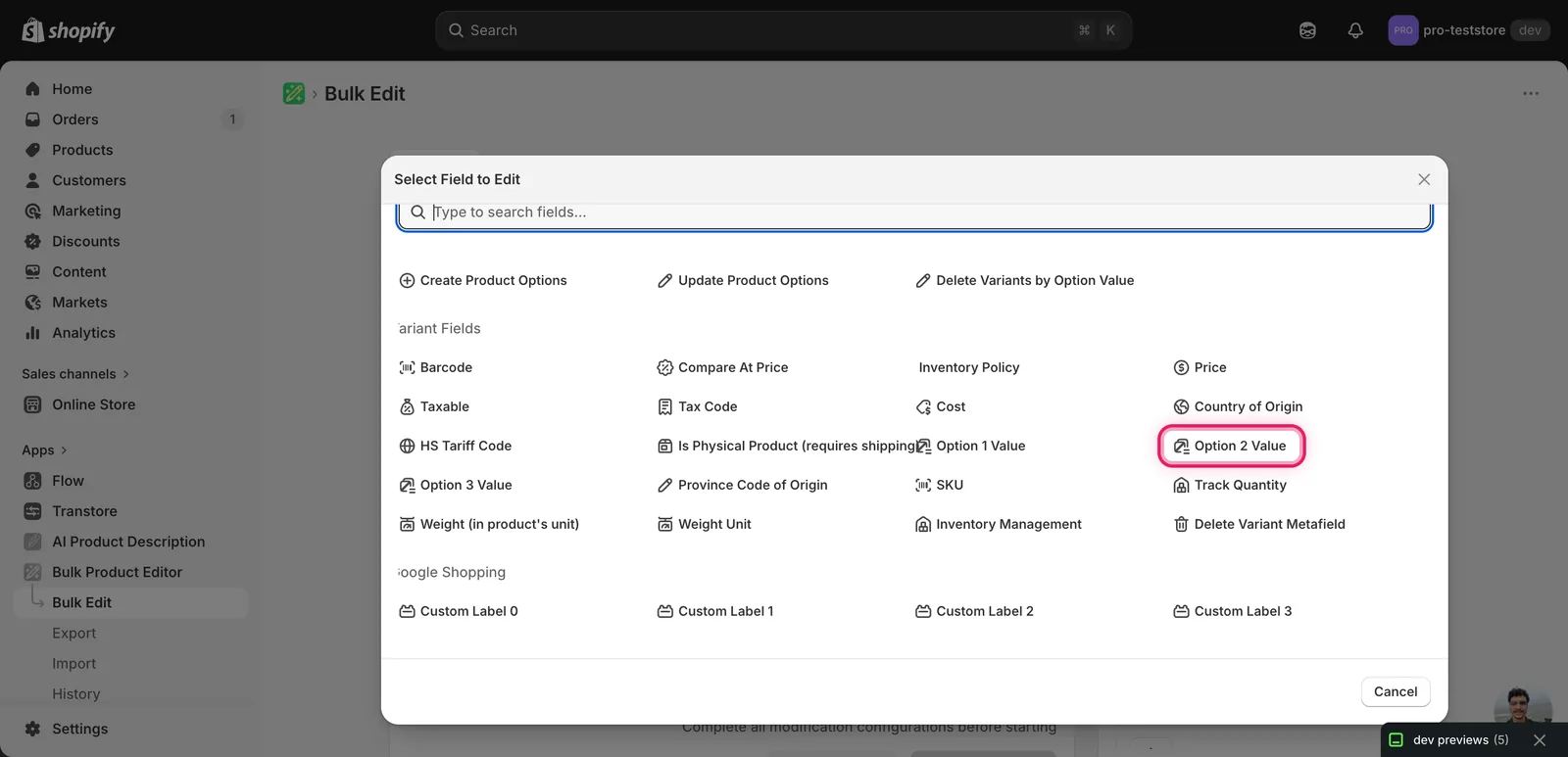 The Select Field modal with Option 2 Value marked under Variant Fields