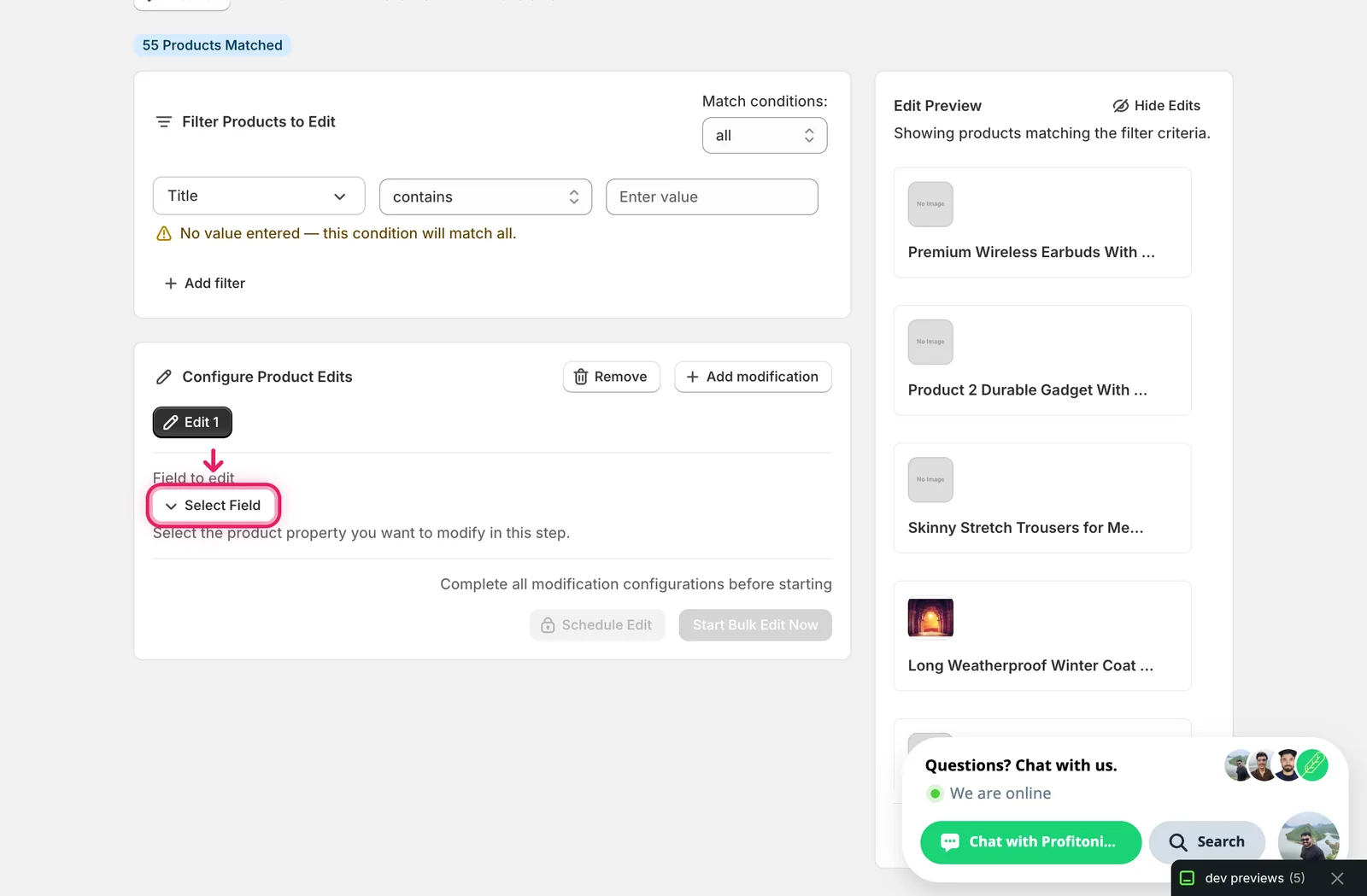 The Select Field button in the Configure Product Edits panel