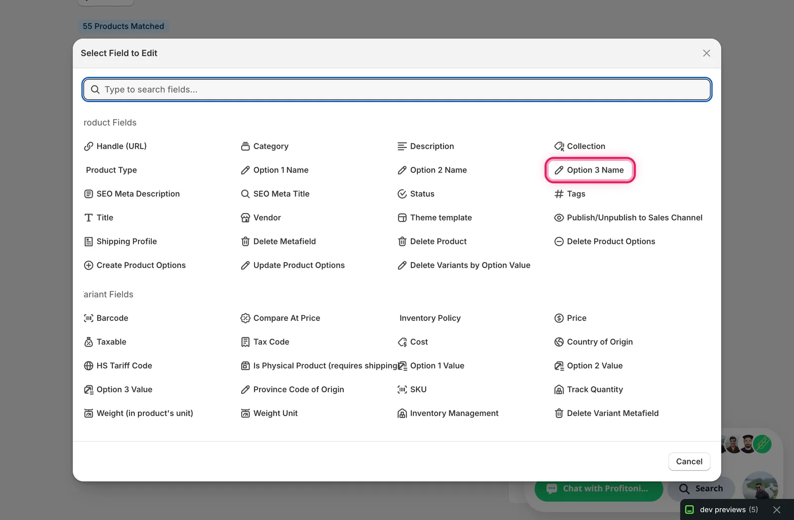 The Select Field modal with Option 3 Name marked under Product Fields