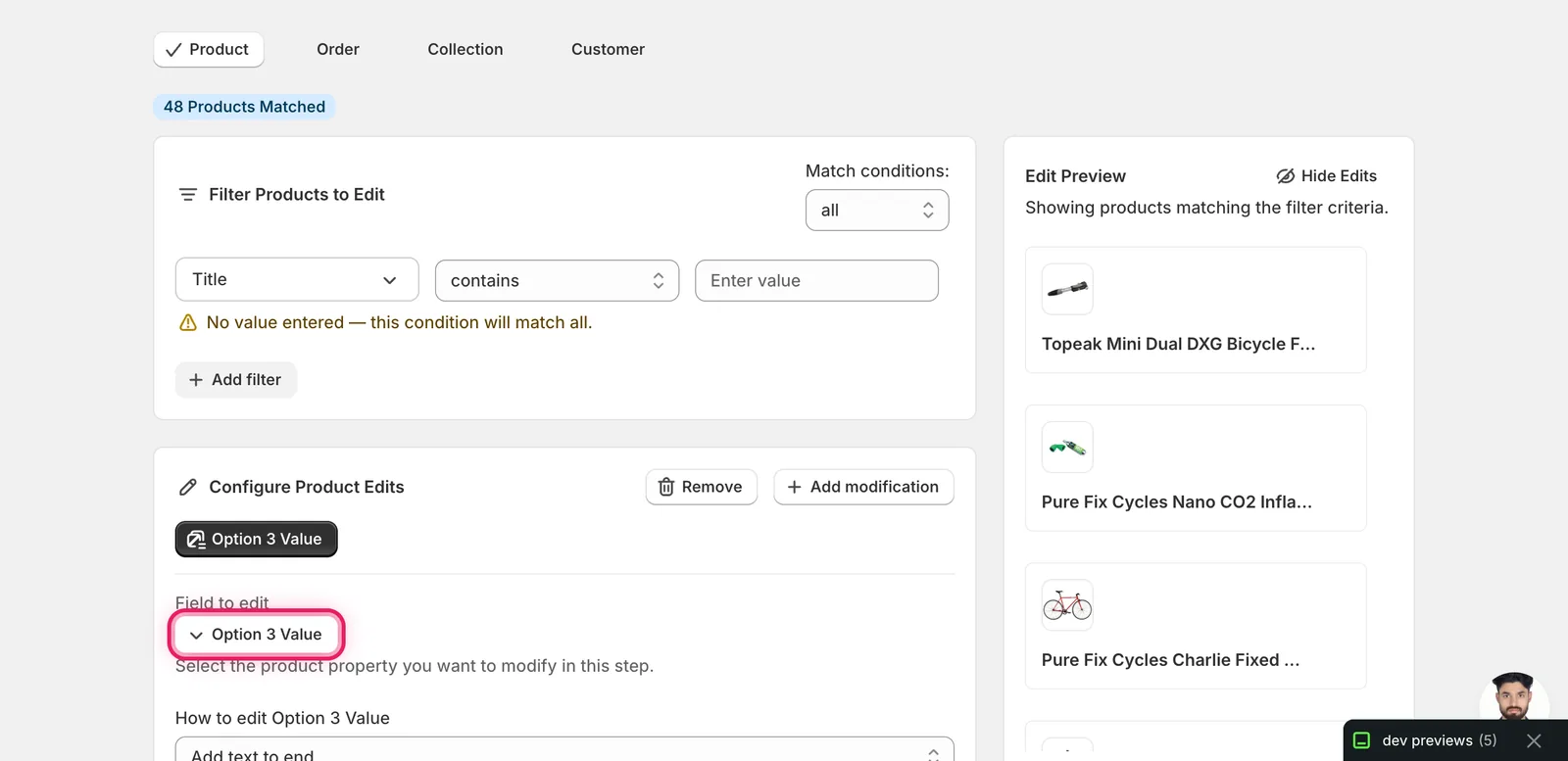 Configuration panel after picking Option 3 Value, showing the action dropdown defaulted to Add text to end and an empty value input below