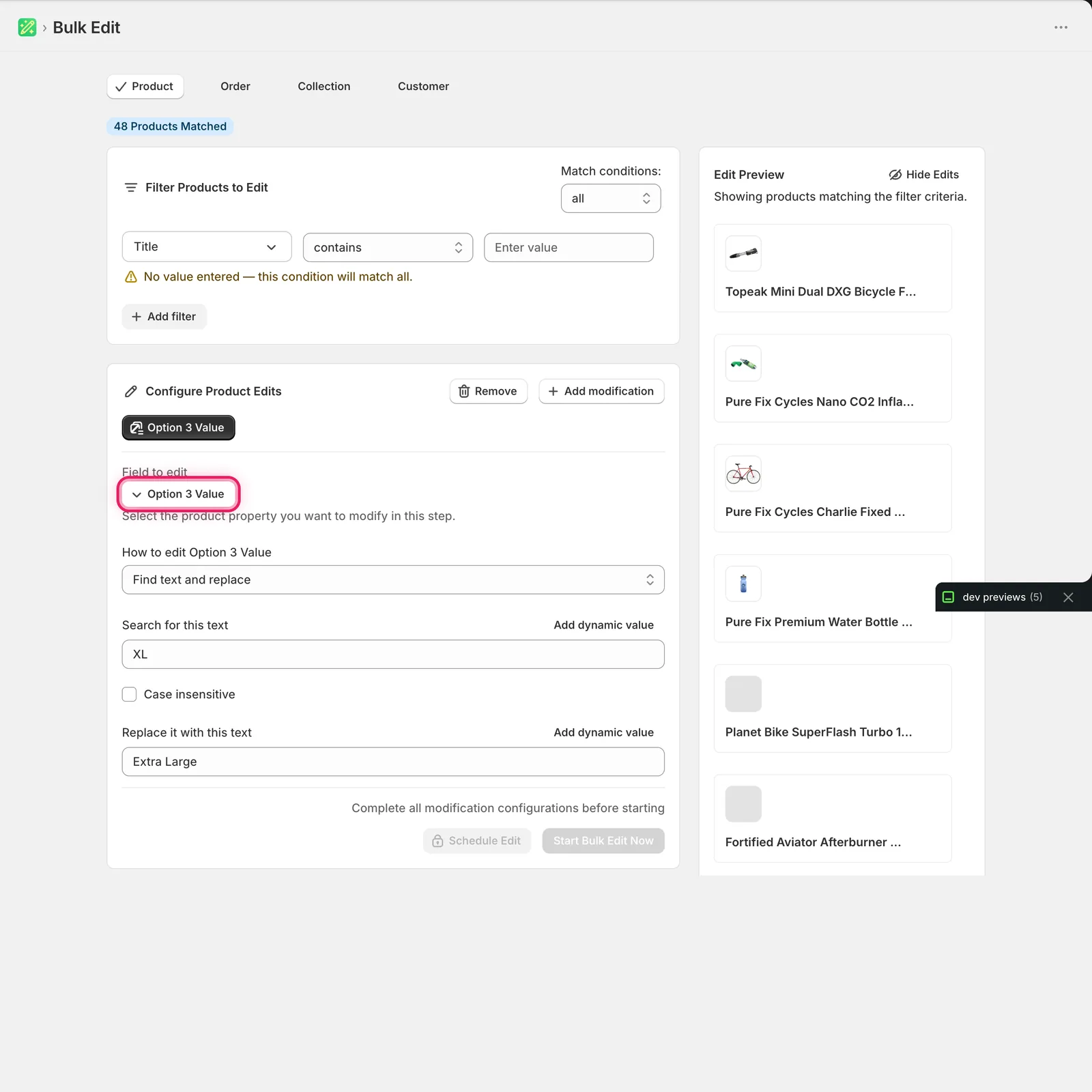 Find text and replace with XL in the Search field and Extra Large in the Replace field