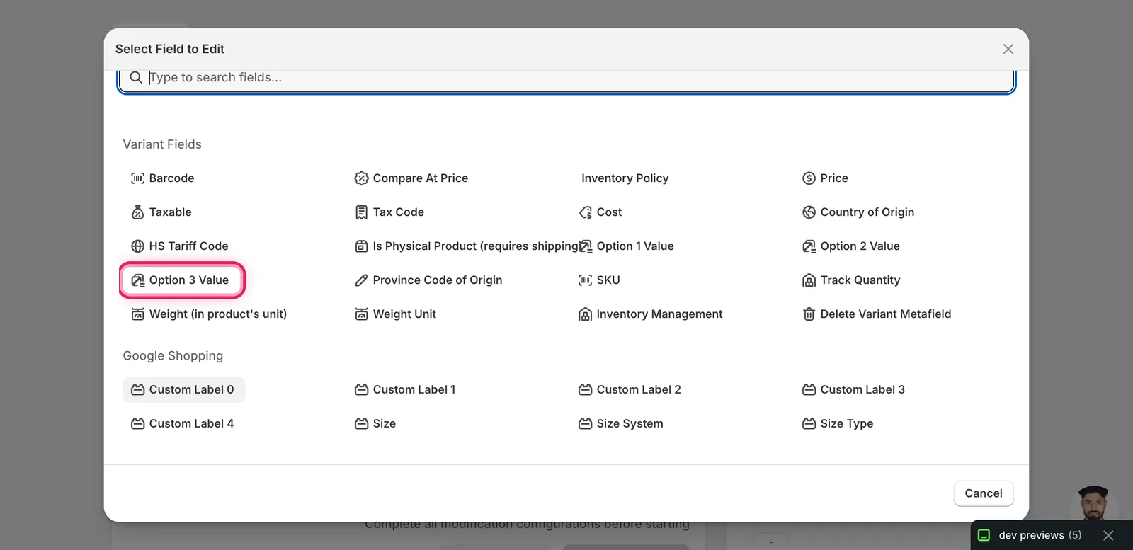 The Select Field modal with Option 3 Value highlighted under the Variant Fields section