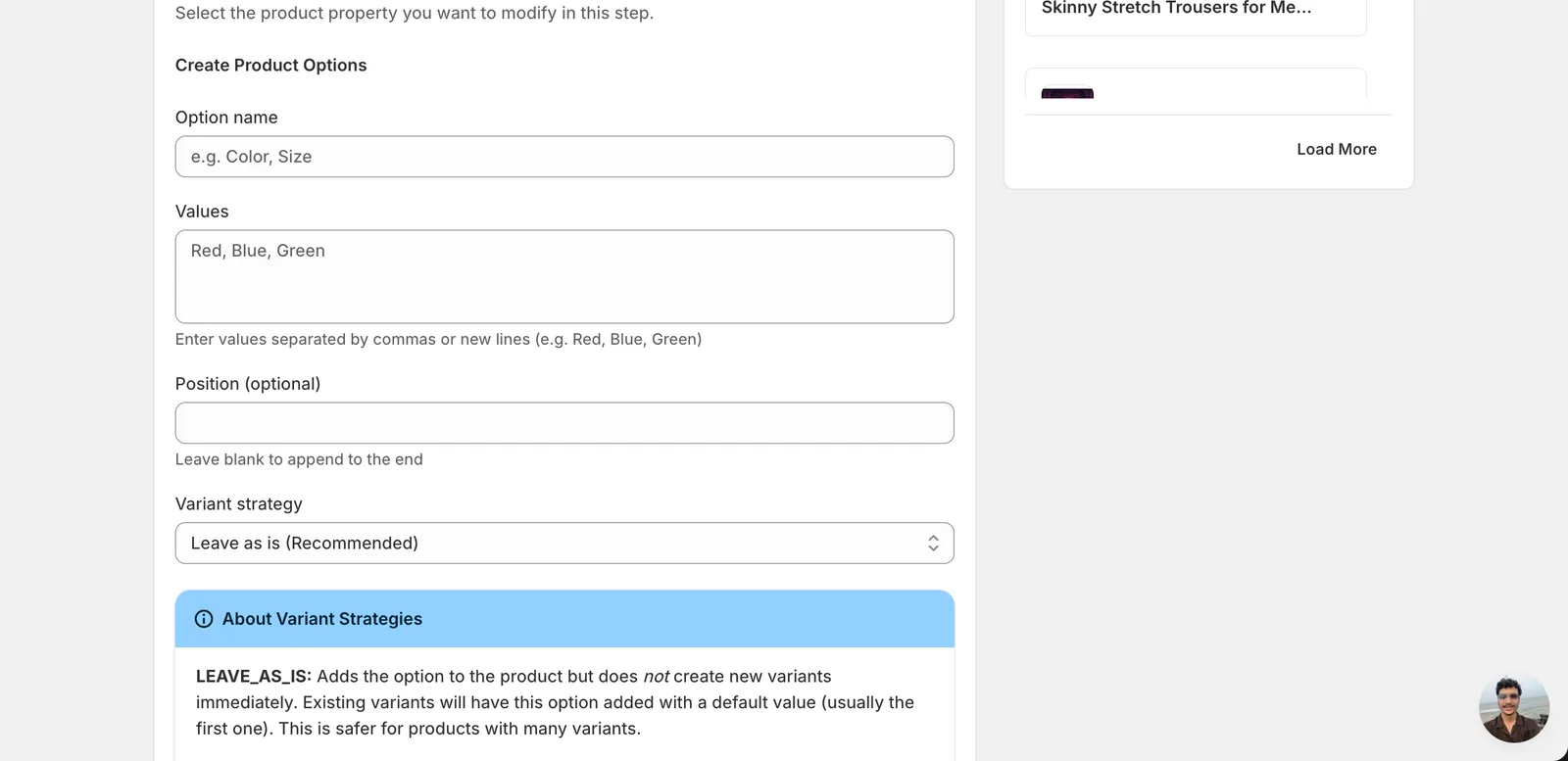 The empty Create Product Options form with Option name, Values, Position, and Variant strategy fields