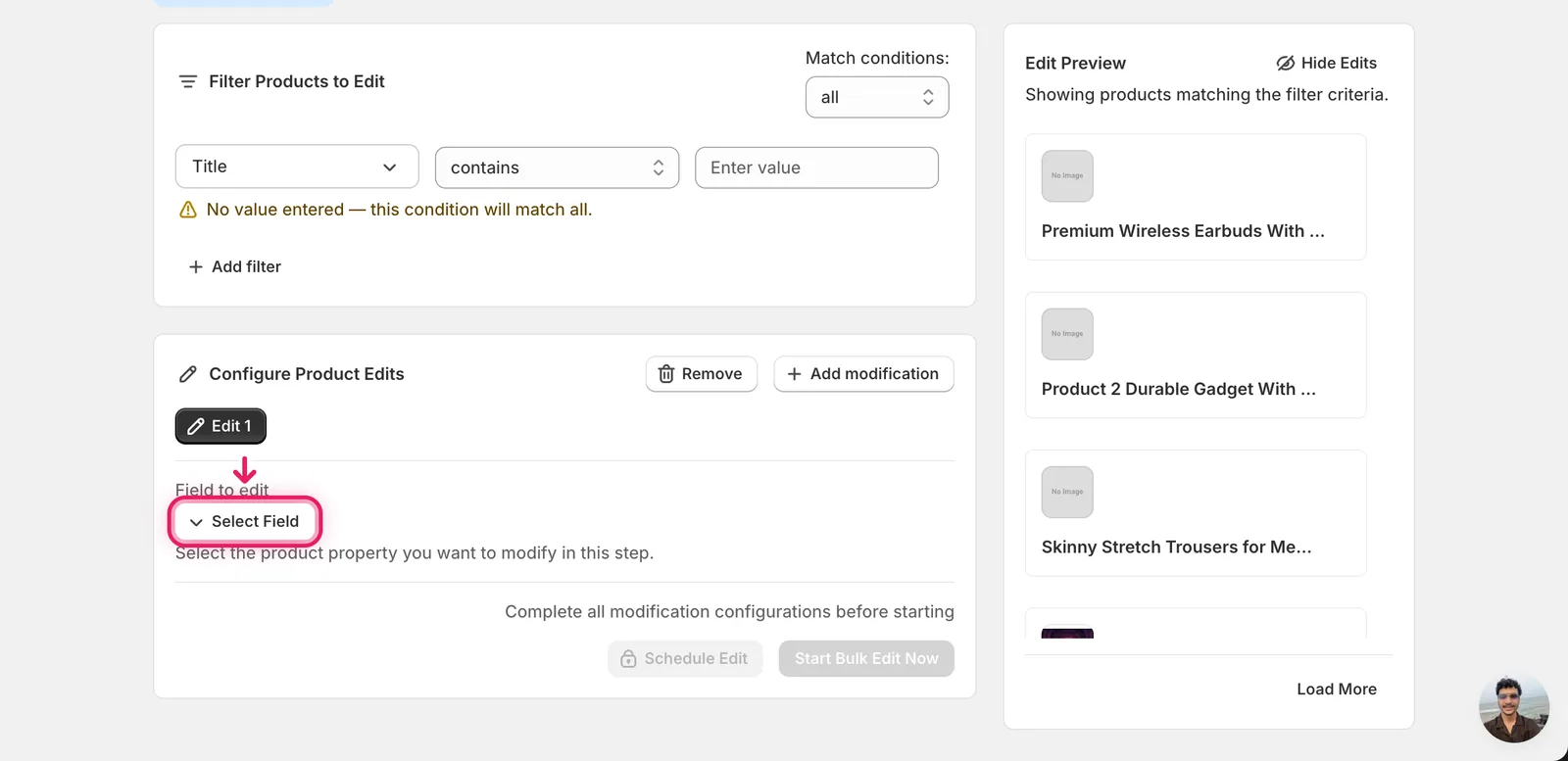 The Configure Product Edits panel with the Select Field button highlighted