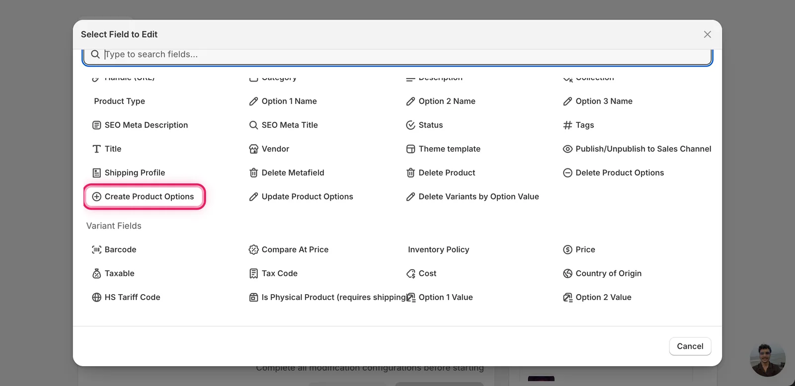 The Select Field modal with Create Product Options highlighted under Product Fields