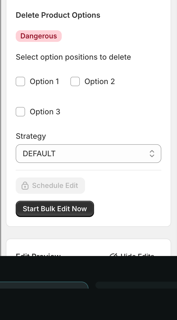 The Delete Product Options form: heading, Dangerous badge, "Select option positions to delete", three checkboxes, and a Strategy dropdown set to DEFAULT