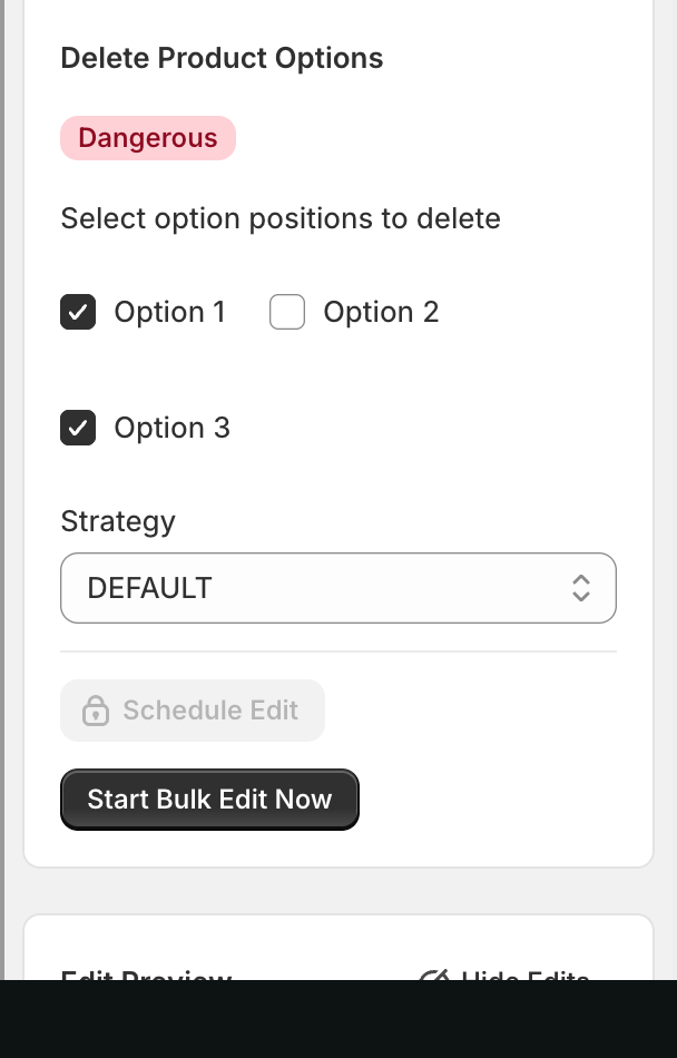 Option 1 and Option 3 checkboxes ticked; Option 2 unchecked; Strategy dropdown showing DEFAULT