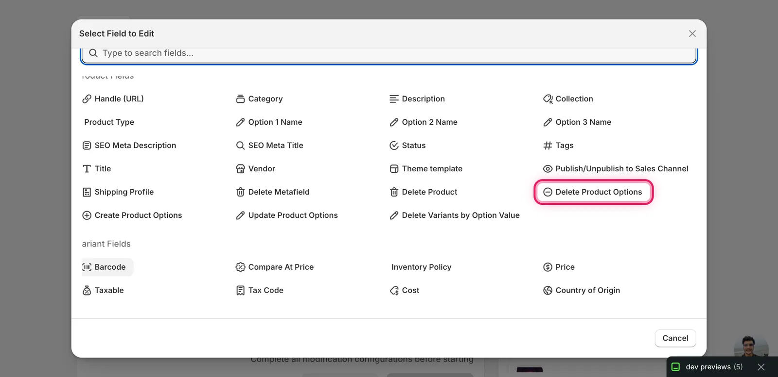 The Select Field modal with Delete Product Options highlighted under Product Fields