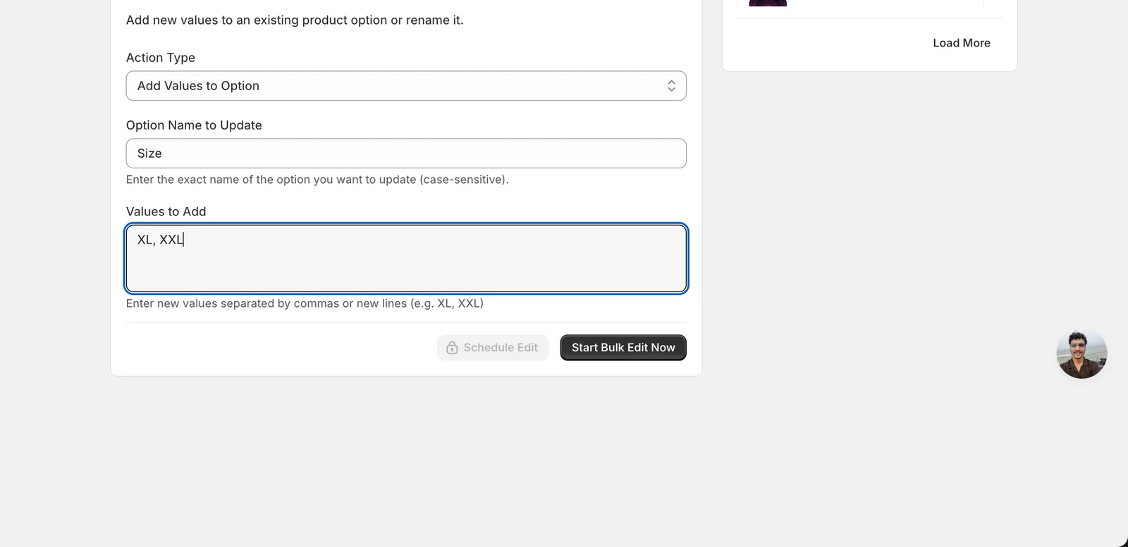 Add Values to Option form with Size as the option name and XL, XXL in the Values to Add box