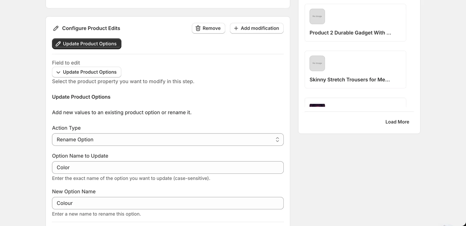 Rename Option form with Option Name to Update set to Color and New Option Name set to Colour