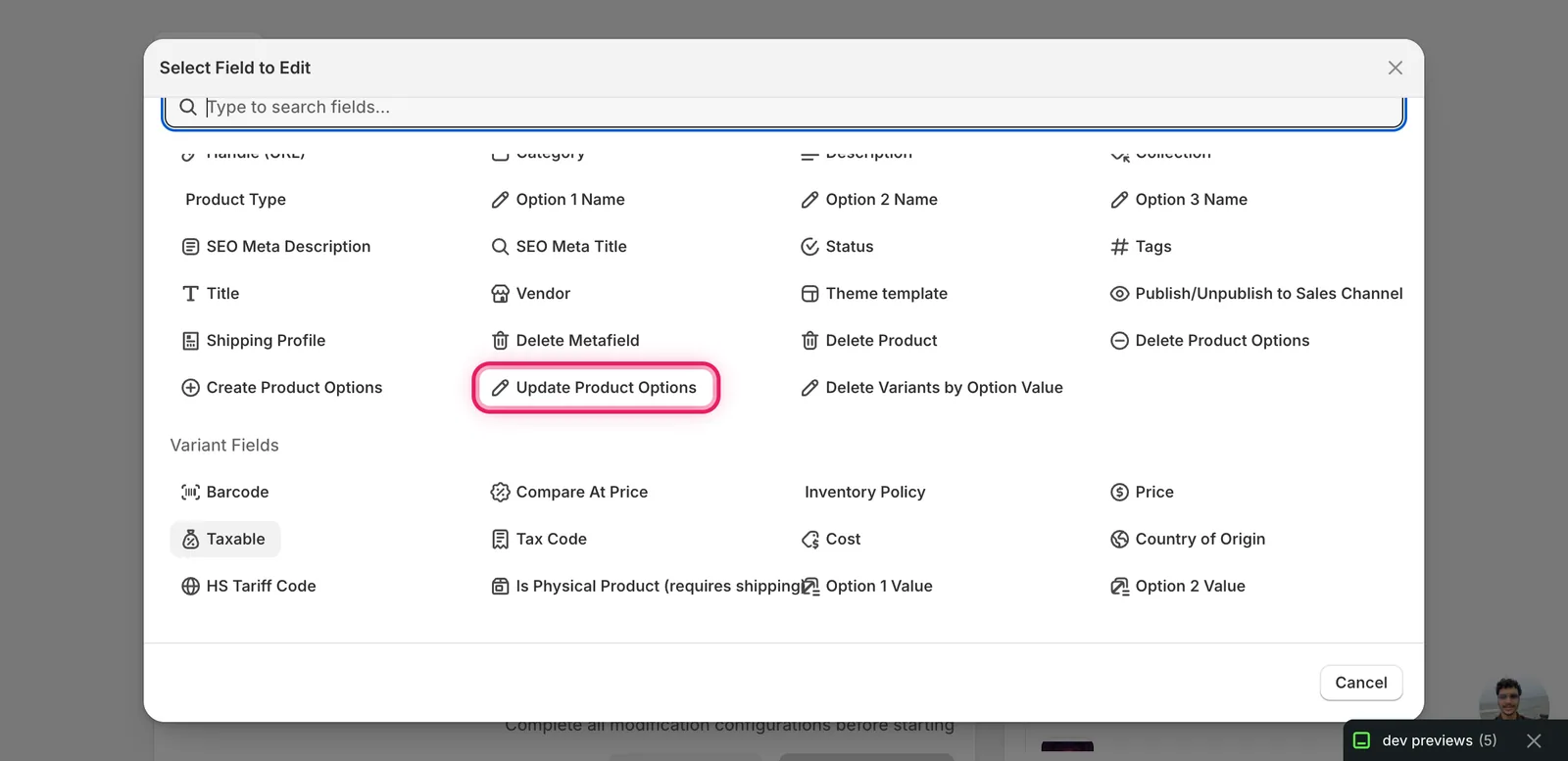 Select Field modal with Update Product Options marked under Product Fields