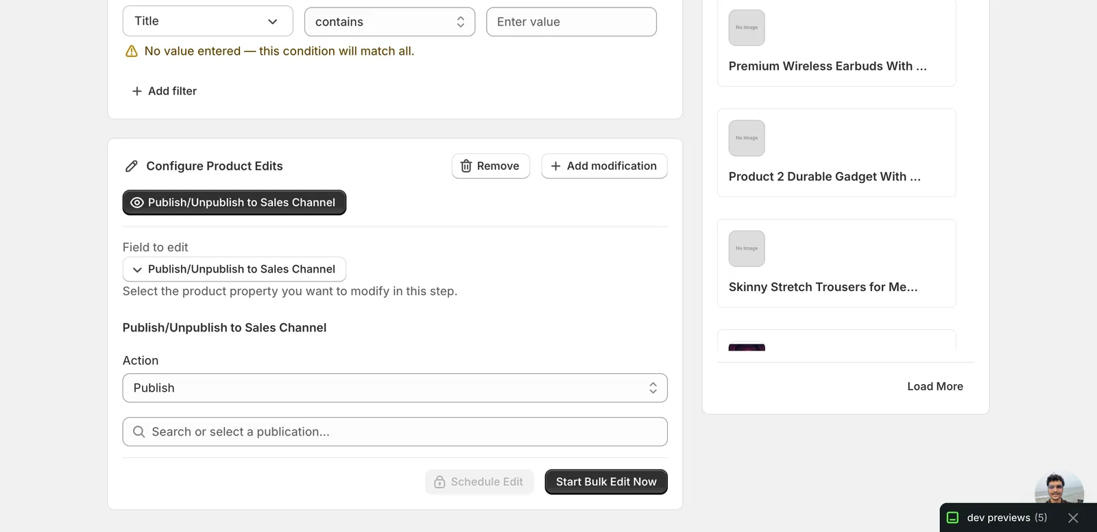 The Publish/Unpublish form right after the access grant: Action set to Publish, Publication picker empty