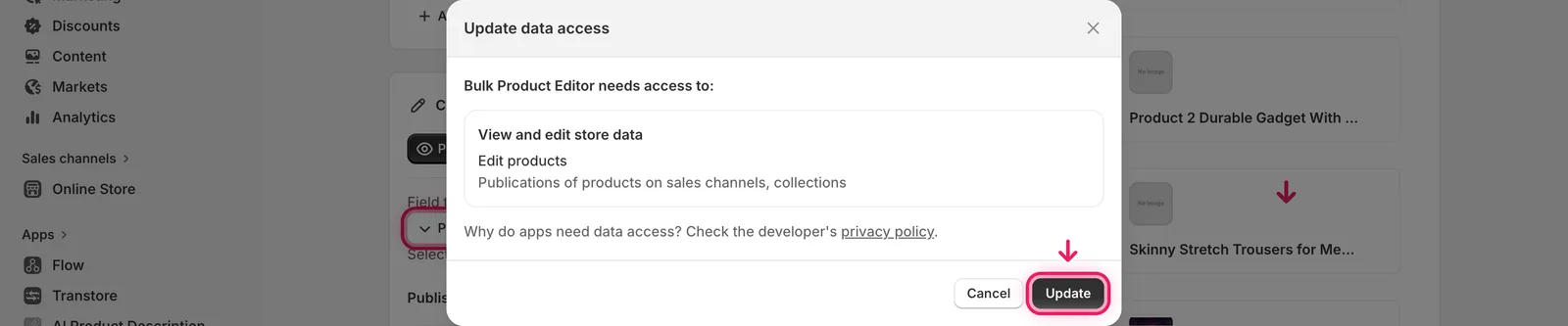 Shopify's Update data access modal listing the requested permissions, with the Update button highlighted