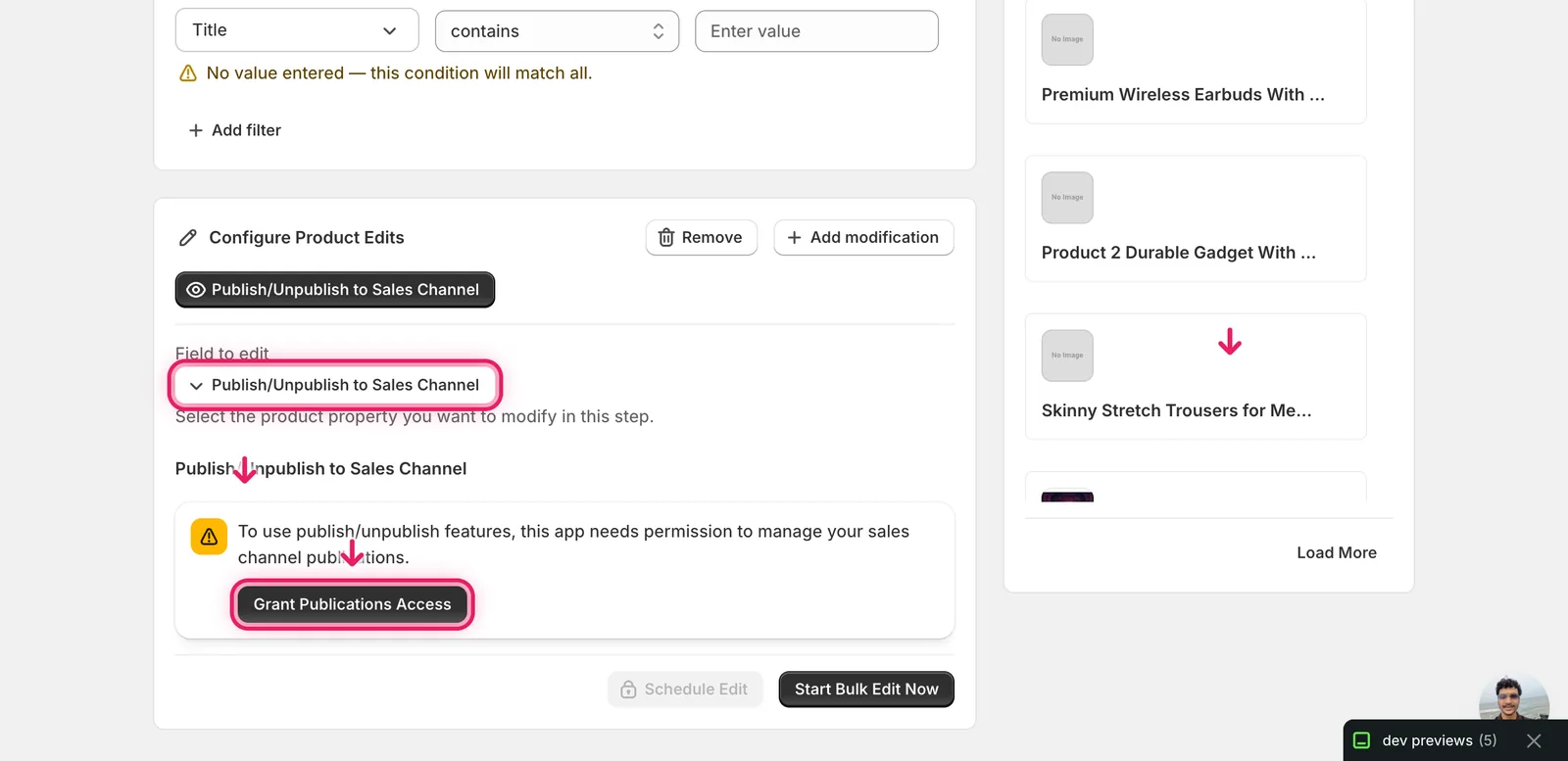 The Publish/Unpublish form showing the Grant Publications Access banner