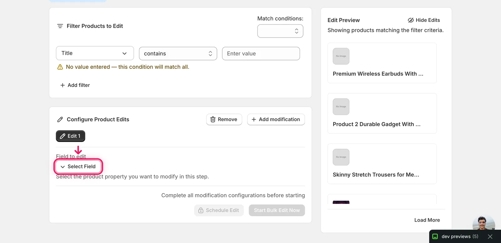 The Configure Product Edits panel with the Select Field button highlighted
