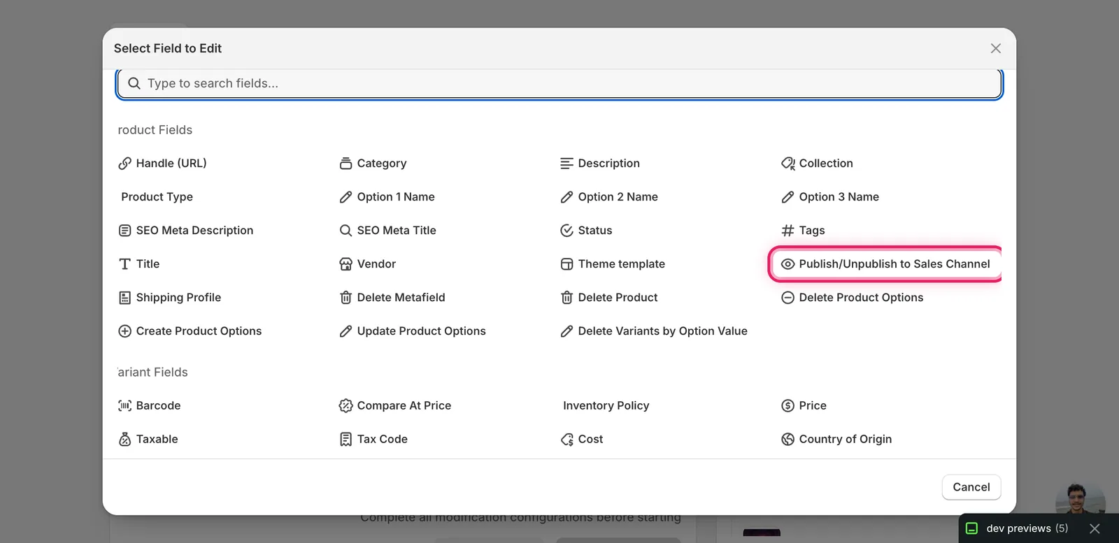 The Select Field to Edit modal with Publish/Unpublish to Sales Channel marked under Product Fields