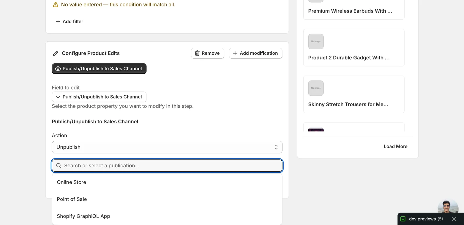 The form with Action set to Unpublish and the Publication dropdown open showing Online Store, Point of Sale, and Shopify GraphiQL App