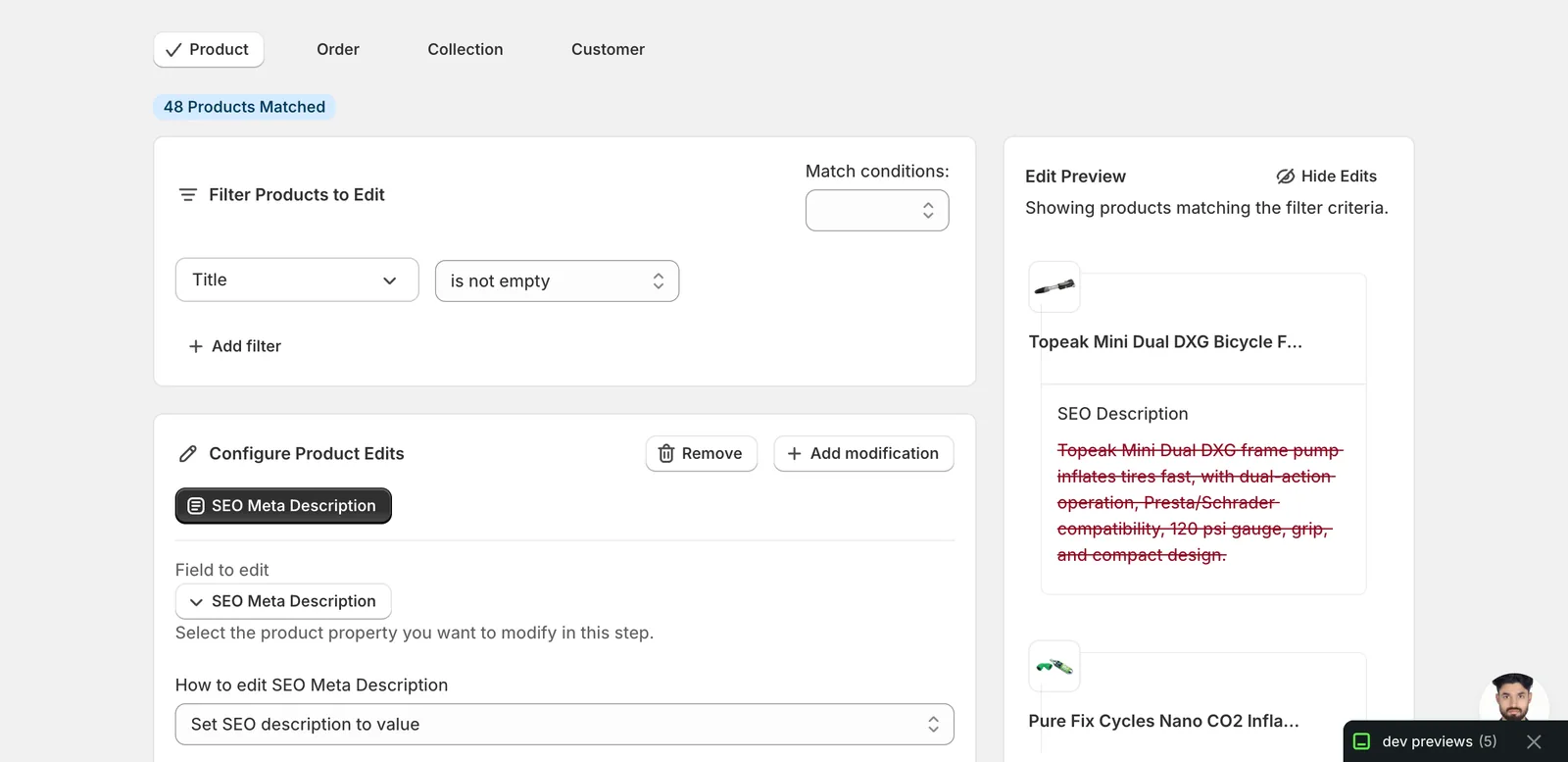 Configuration panel after picking SEO Meta Description: How to edit dropdown set to Set SEO description to value