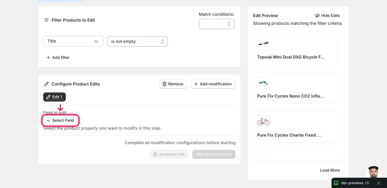 The Configure Product Edits panel with the Select Field button highlighted