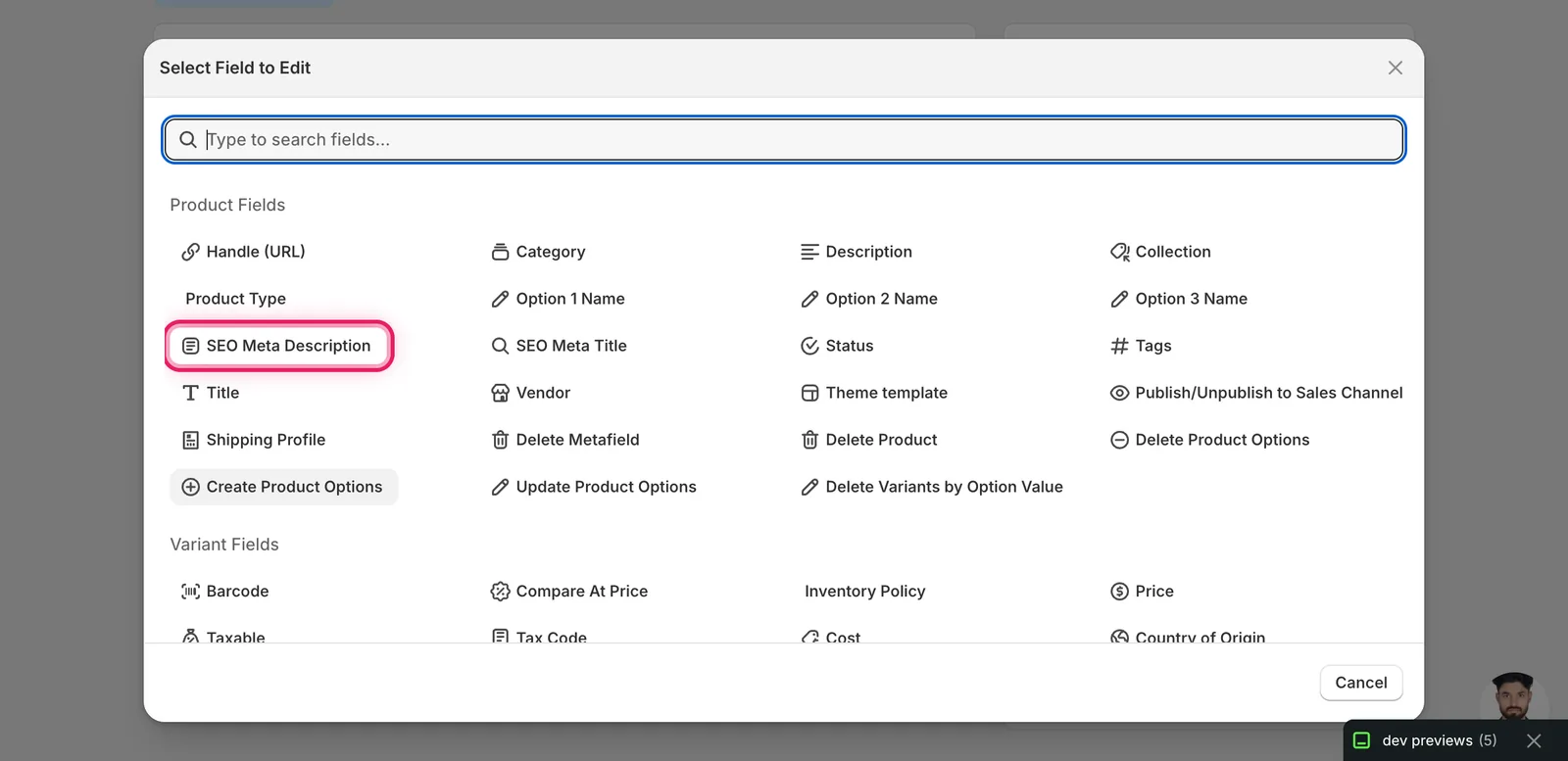 The Select Field modal with SEO Meta Description highlighted under Product Fields