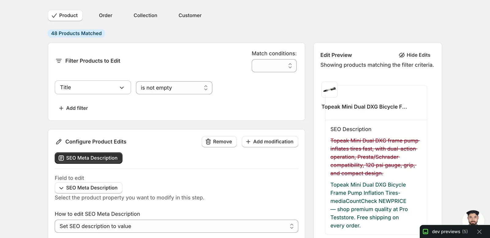 Set SEO description to value with "Shop {{product.title}} at Best Cycles — quality parts, fast shipping, expert support." entered. The Edit Preview on the right shows the original SEO Description struck through and the resolved new value with the product title filled in