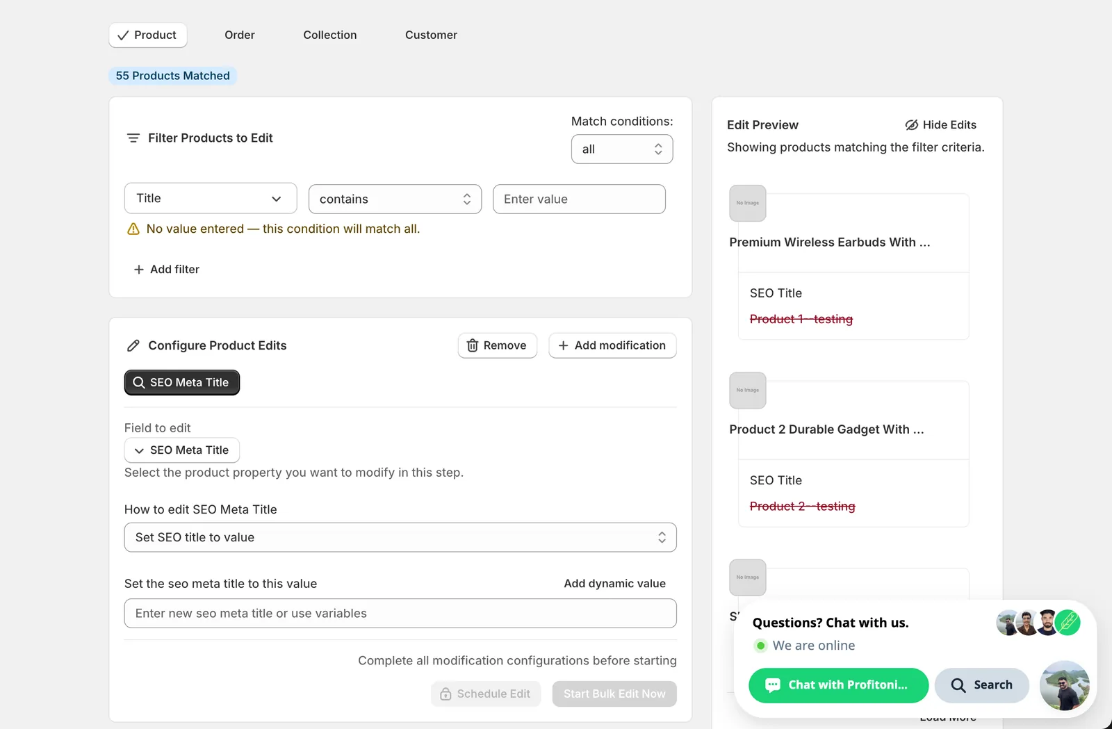 Configuration panel after picking SEO Meta Title: How to edit SEO Meta Title is set to Set SEO title to value, with an empty input below