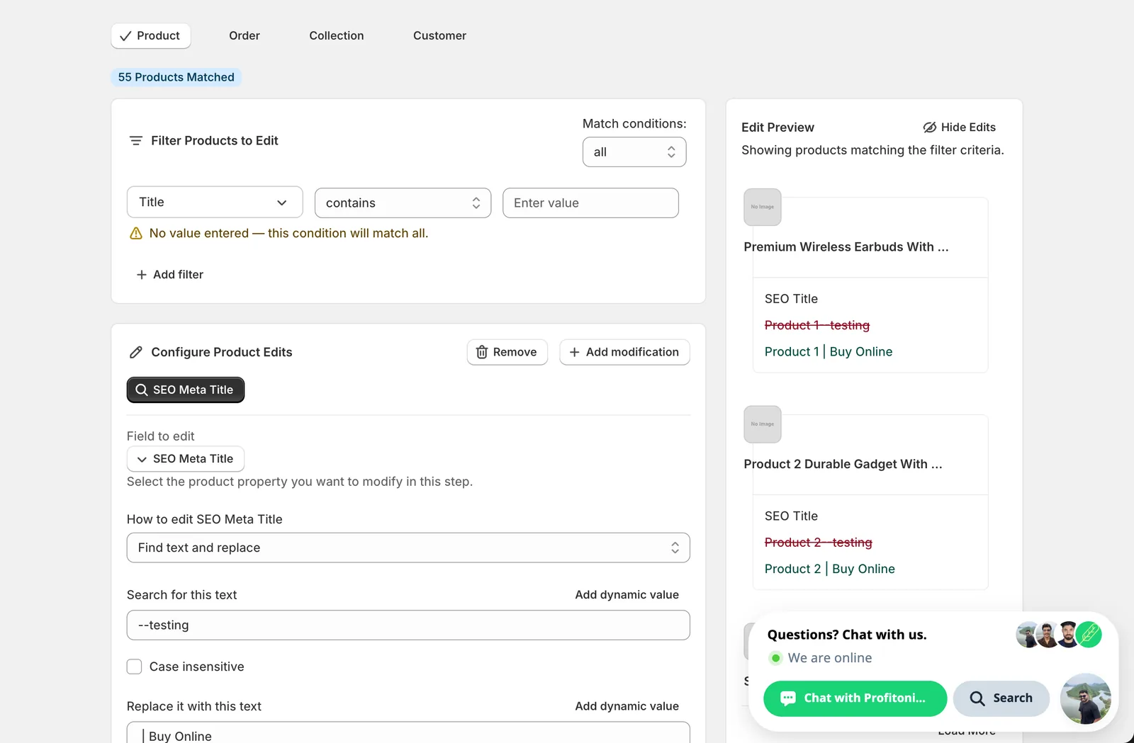 Find text and replace mode with "--testing" in the search field and " | Buy Online" in the replace field; preview shows the boilerplate replaced with the new copy