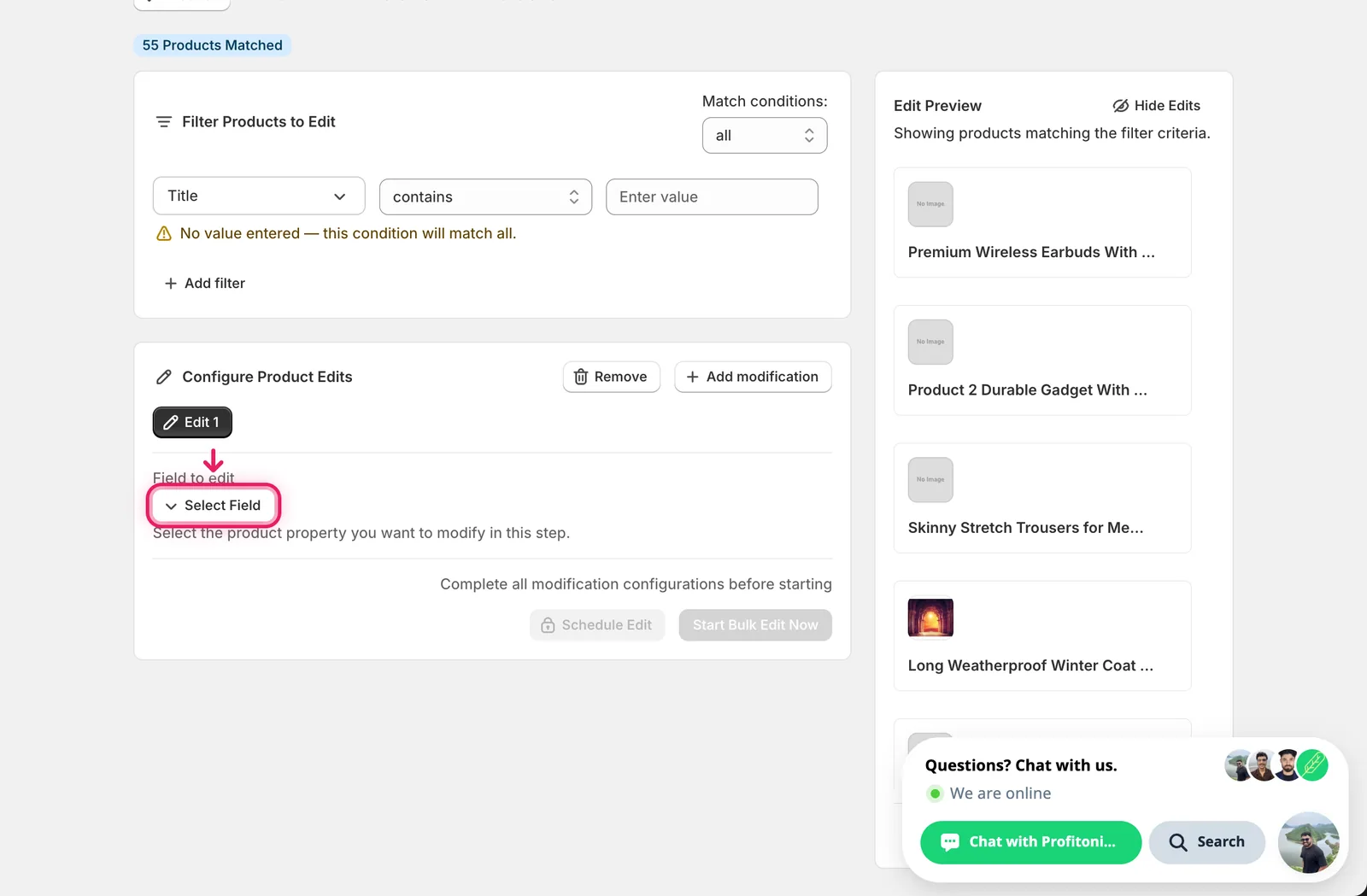 The Select Field button highlighted in the Configure Product Edits panel