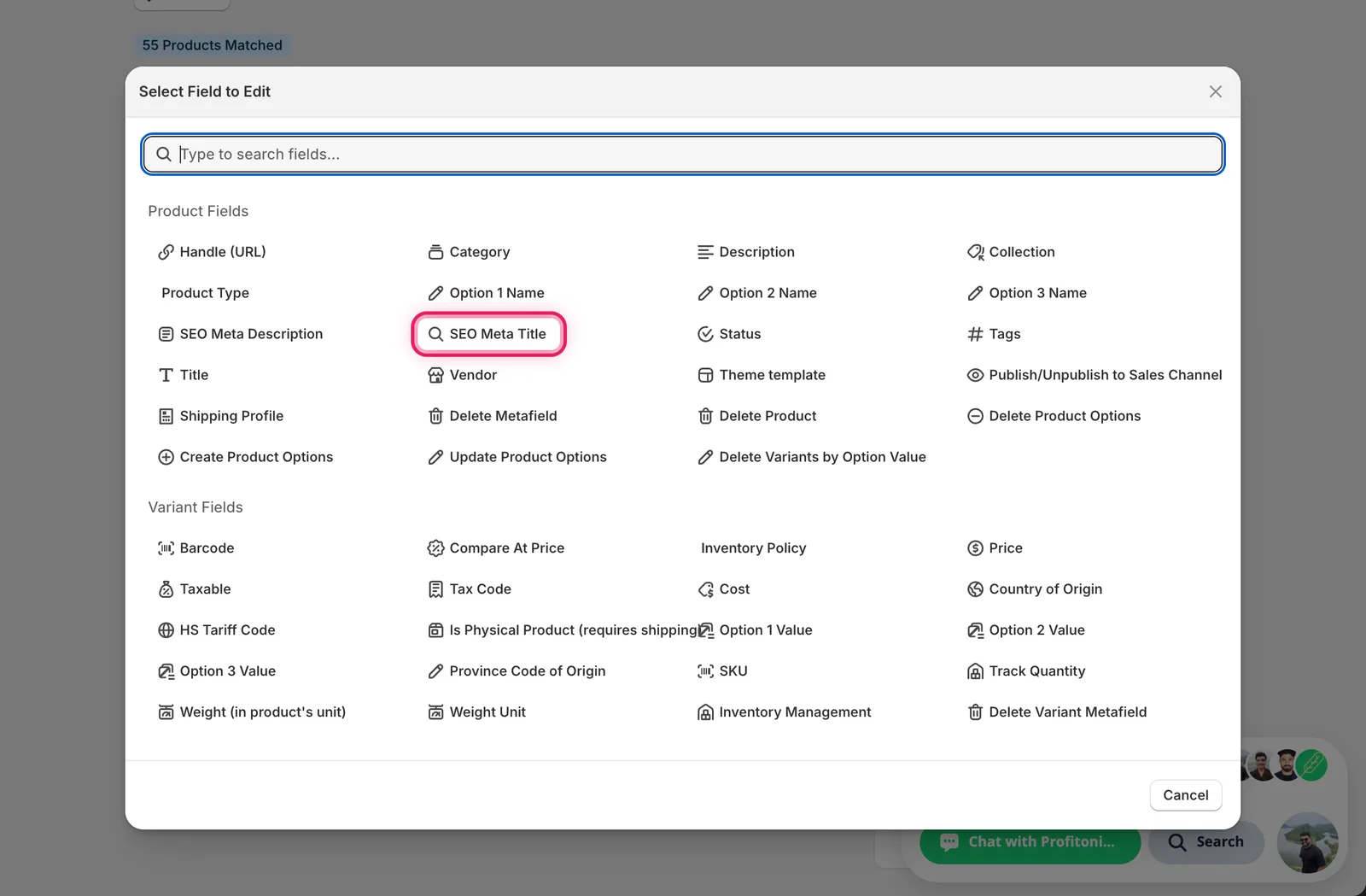 The Select Field modal with SEO Meta Title highlighted under Product Fields