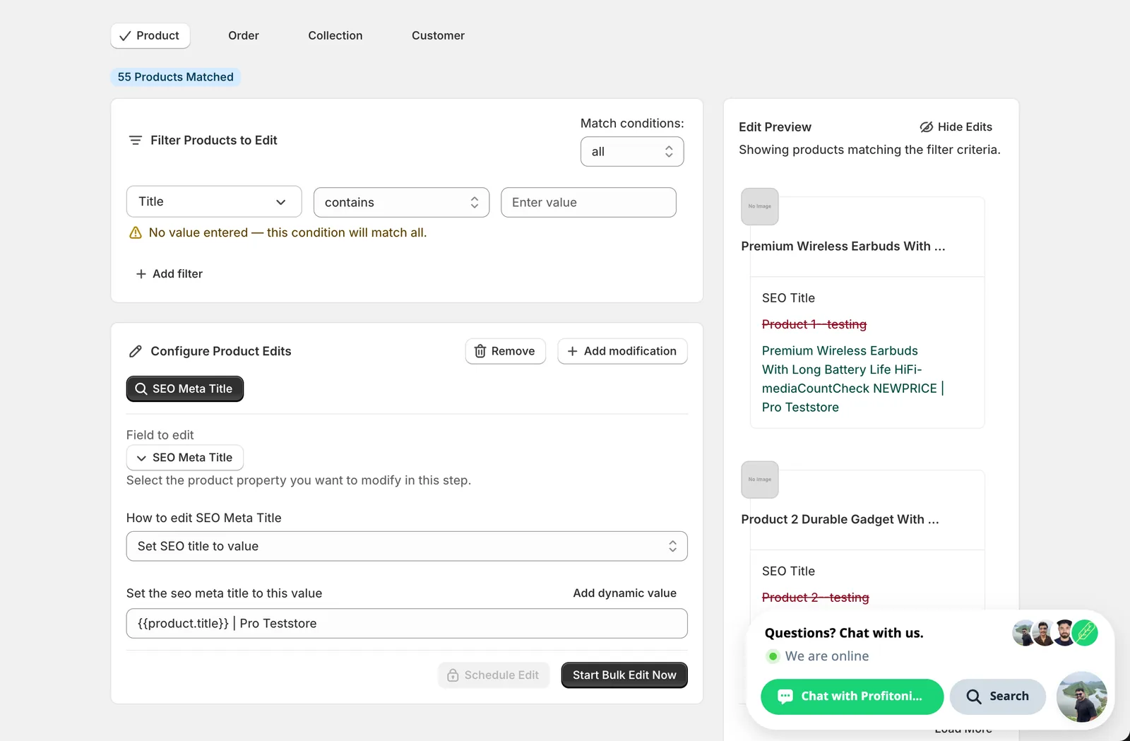Set SEO title to value with "{{product.title}} | Northstar Cycles" entered; the Edit Preview on the right shows the old SEO title struck through and the new resolved title "Cotton Trail Jacket | Northstar Cycles"