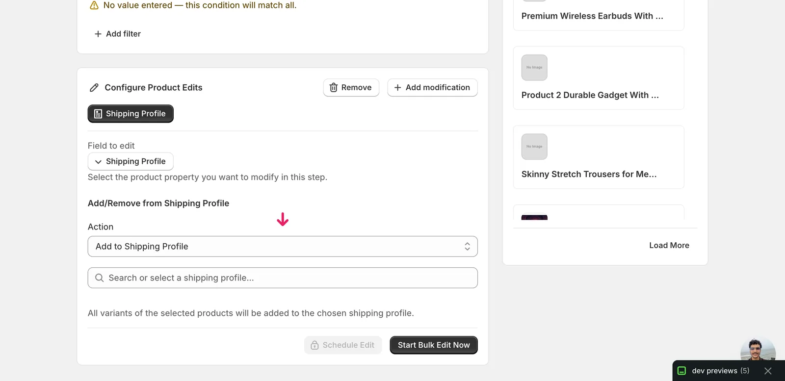 The Action dropdown showing Add to Shipping Profile selected by default
