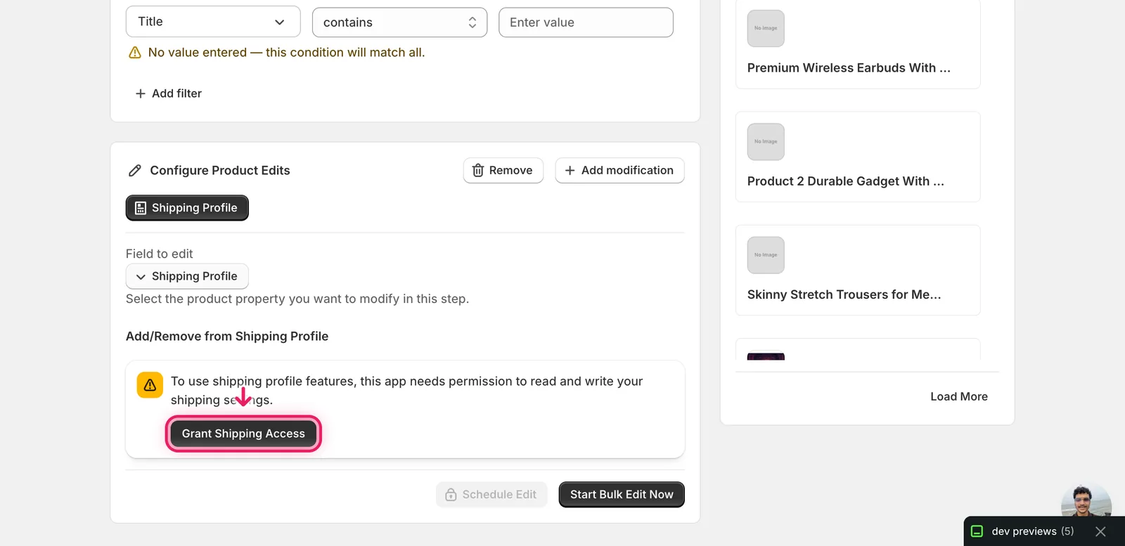 The Add/Remove from Shipping Profile panel with the Grant Shipping Access button highlighted in a warning banner