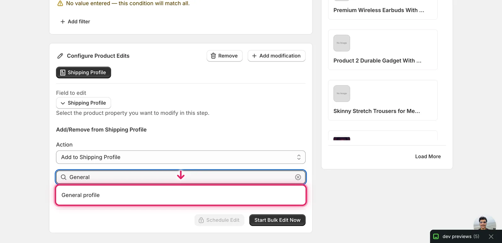The shipping profile autocomplete with "General" typed and the General profile result highlighted