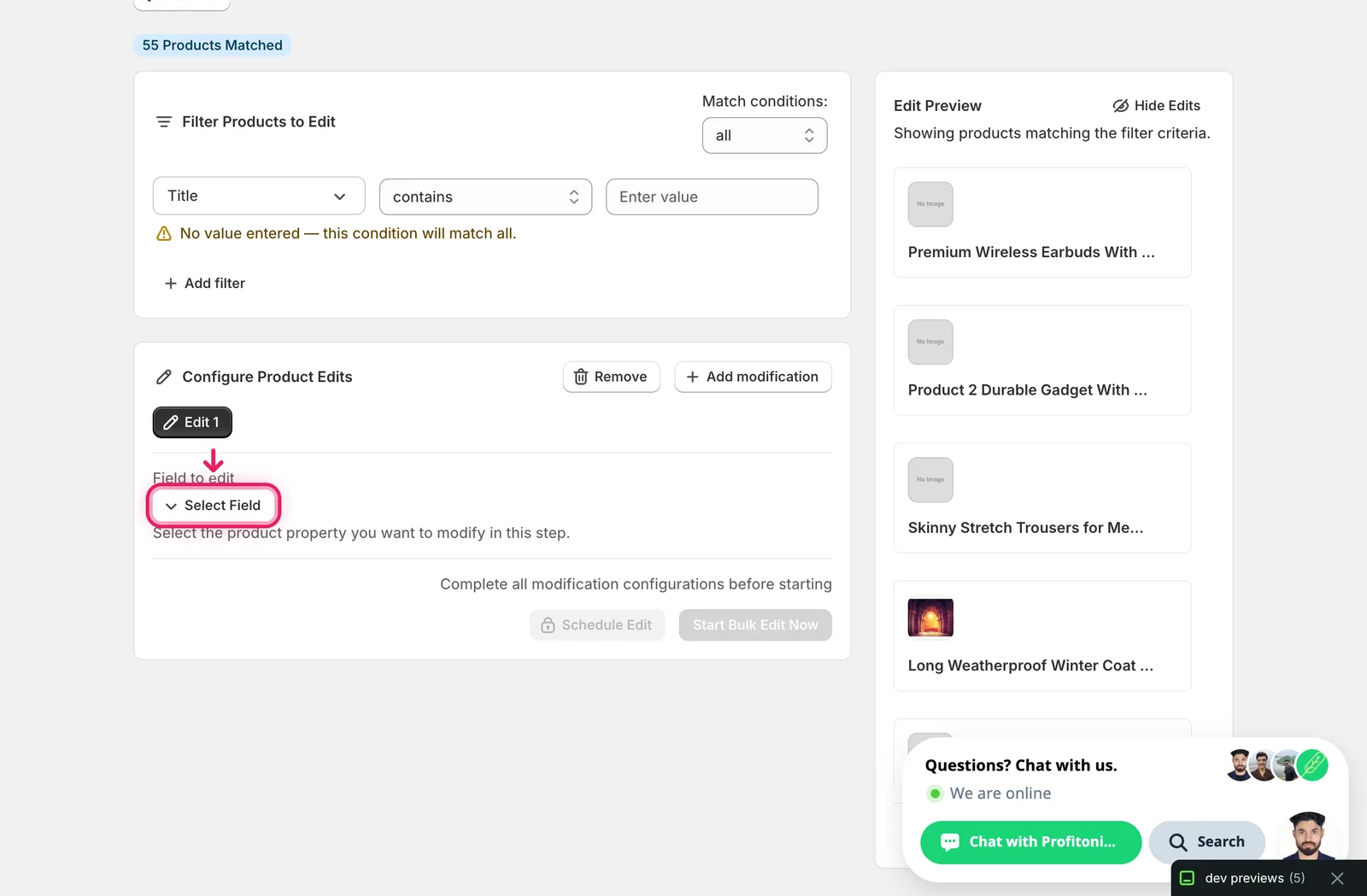The Configure Product Edits panel with the Select Field button highlighted