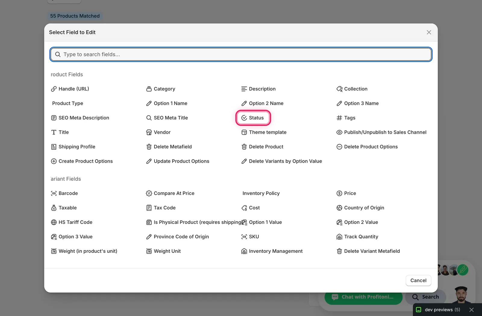 The Select Field to Edit modal with Status marked under Product Fields