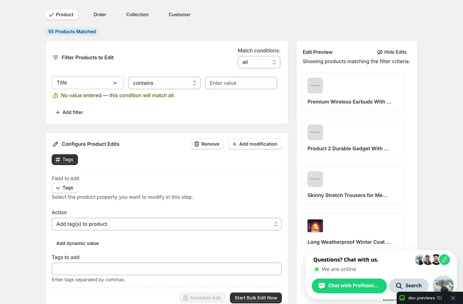 Configuration panel after picking Tags: Action set to Add tag(s) to product, empty tag input