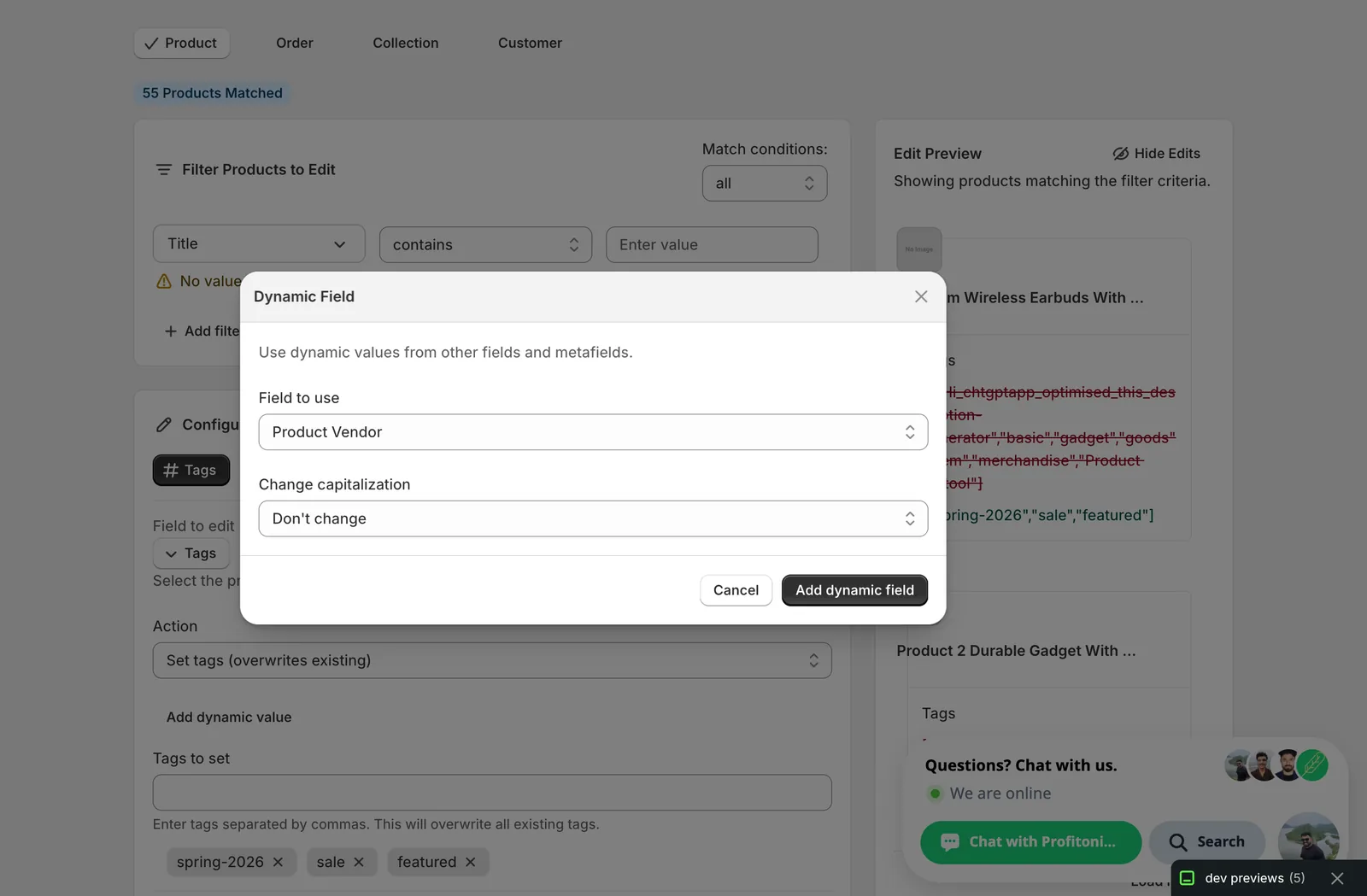 Dynamic Field modal with Field to use set to Product Vendor and Change capitalization set to Don't change