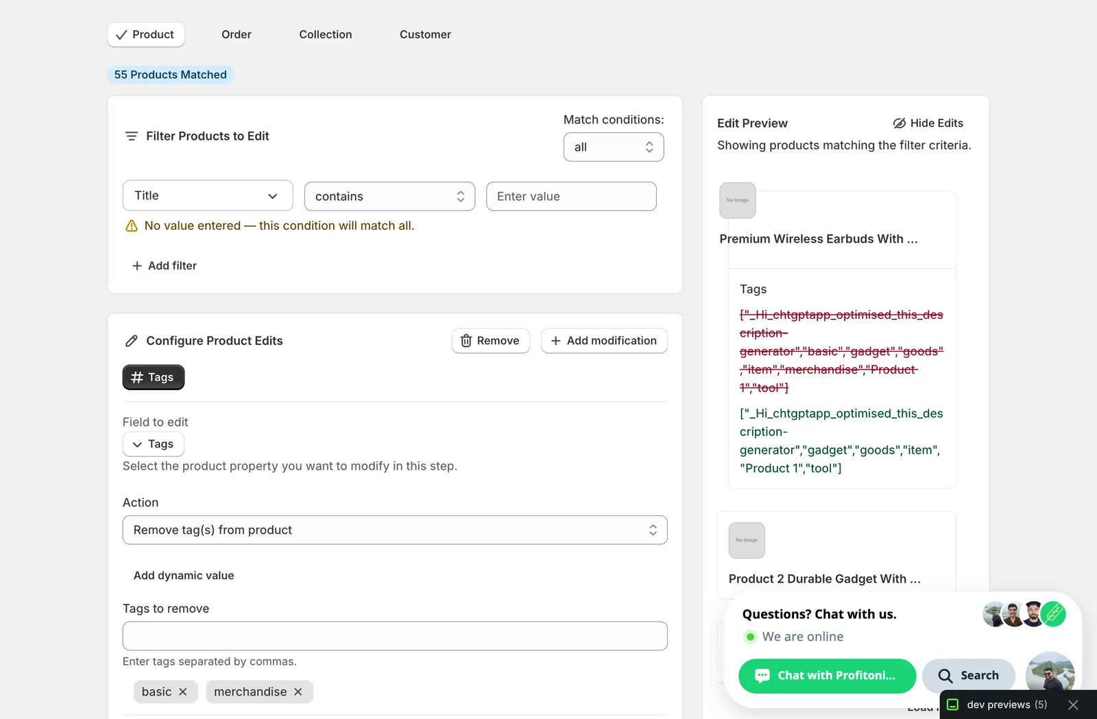 Remove action with basic and merchandise entered. Preview shows those two tags removed from the product's tag list
