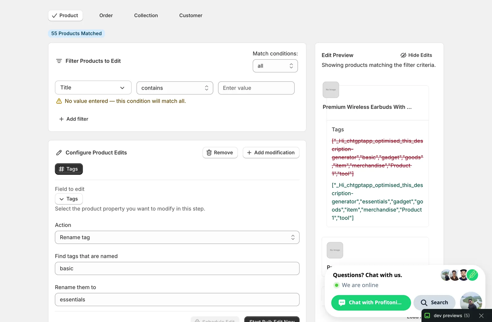 Rename action with Find tags that are named: basic and Rename them to: essentials. Preview shows basic replaced by essentials in the tag list