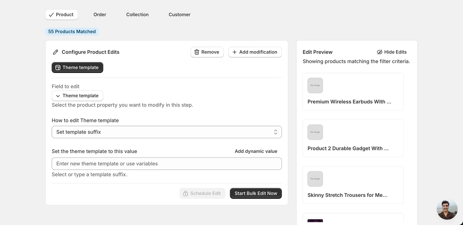 The Theme template configuration panel with How to edit Theme template set to Set template suffix and an empty value input