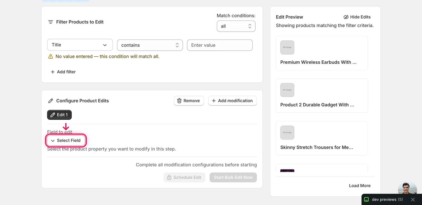 The Configure Product Edits panel with the Select Field button marked