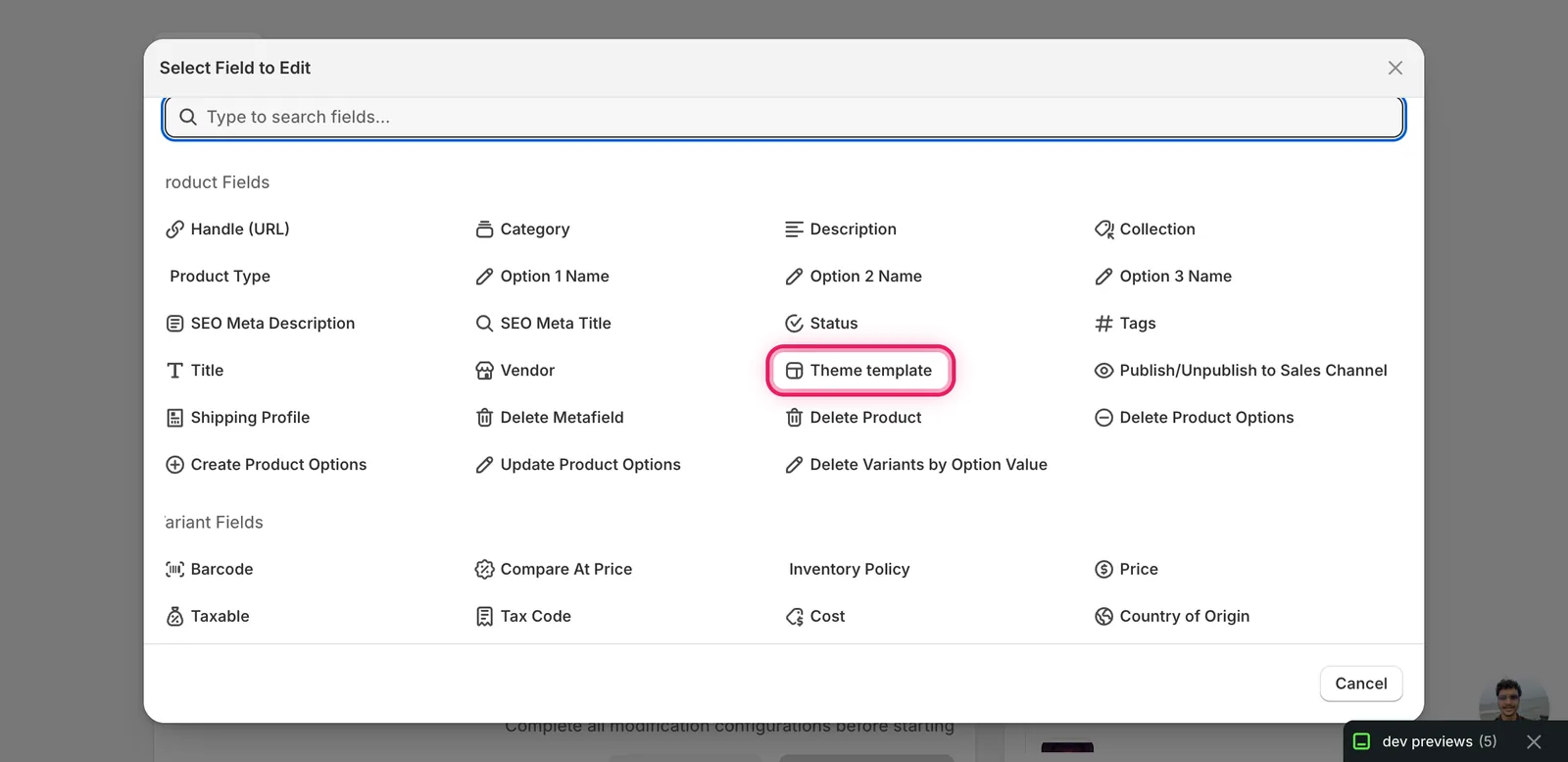 The Select Field modal with Theme template marked under Product Fields