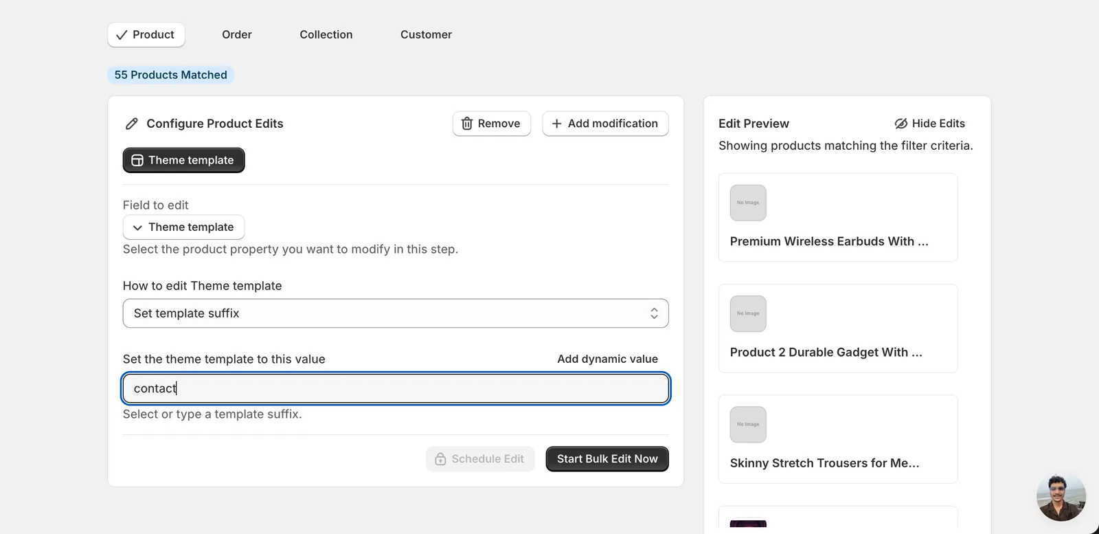 Set the theme template to this value with "contact" entered; the Start Bulk Edit Now button is active