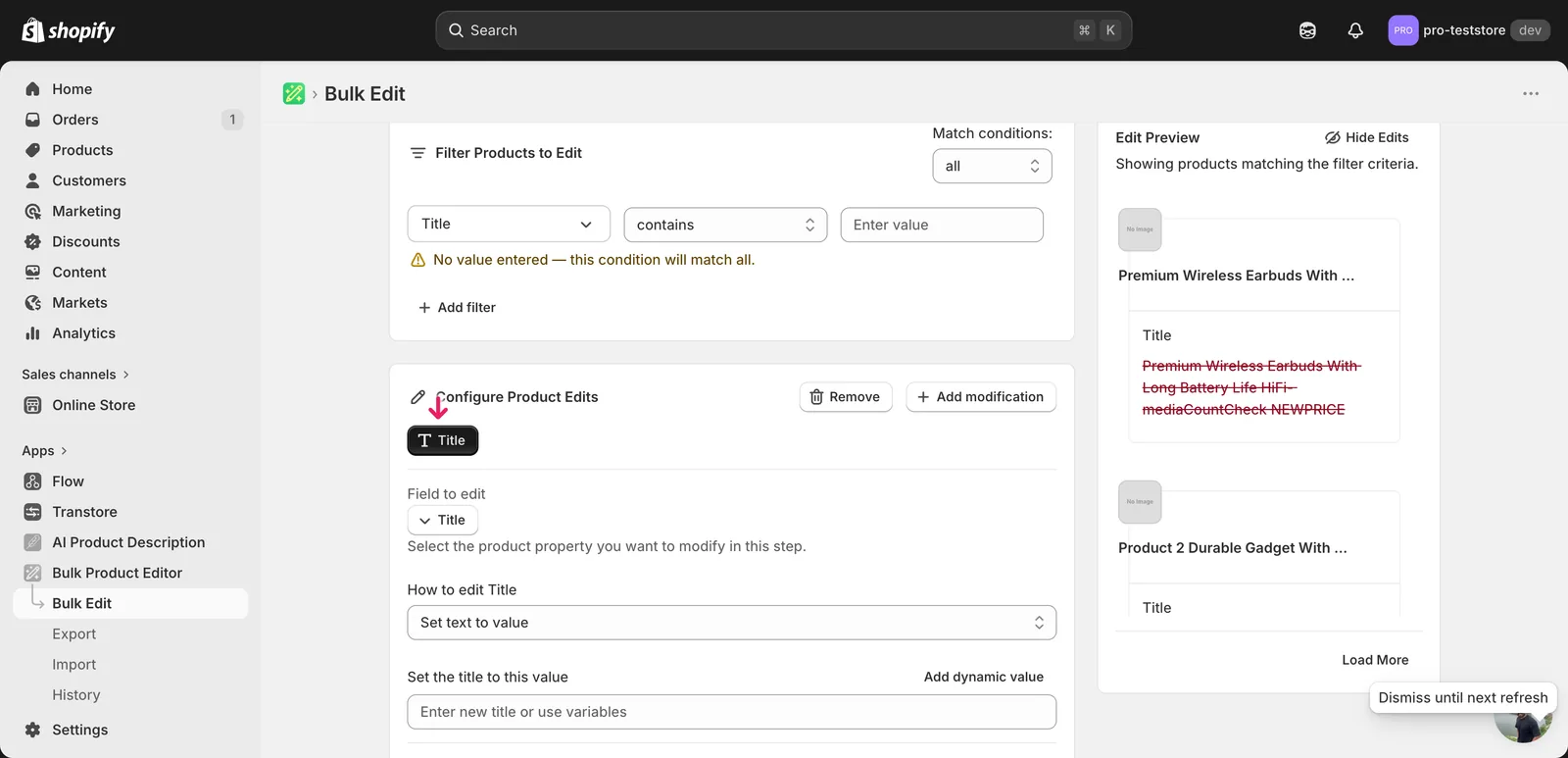 Configuration panel after picking Title: How to edit Title is set to Set text to value, with an empty input below