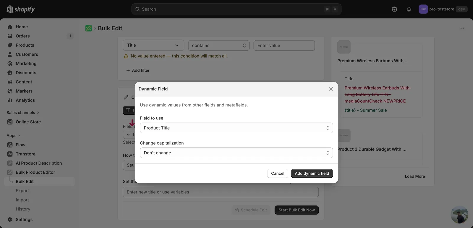 The Dynamic Field modal with Field to use set to Product Title and Change capitalization set to Don't change